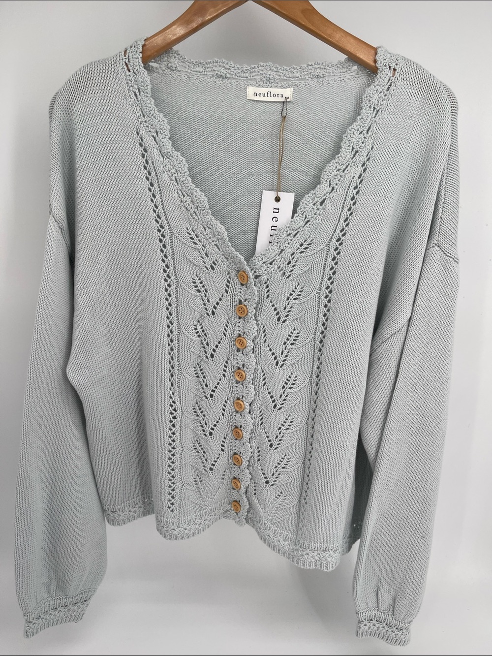 Neuflora Light Blue Pointelle Knit Women’s  Cardigan Size Medium
